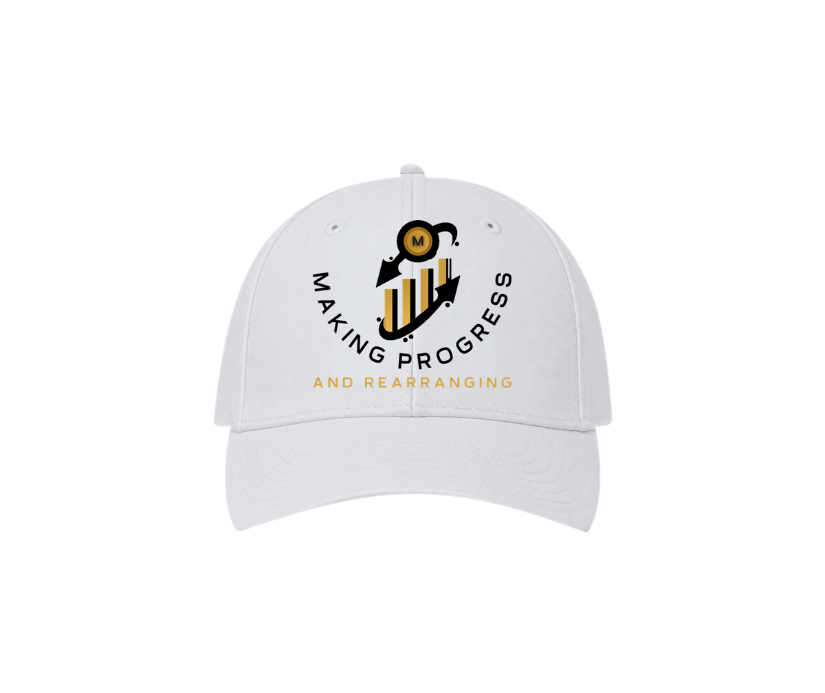 Making Progress & Rearranging Cap – Coin & Bar Graph Logo | White | Tan & Black