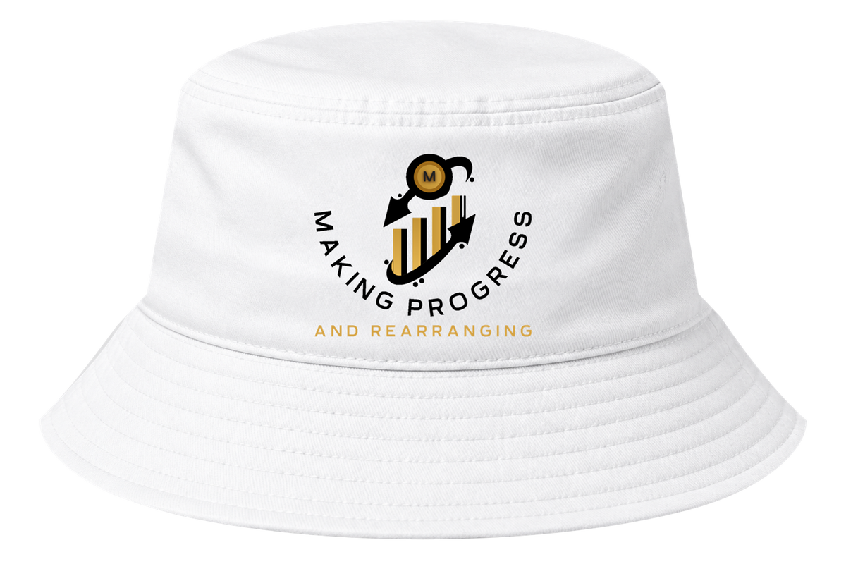 Making Progress & Rearranging Bucket Hat – Gold Coin Bar Graph Logo | White Bucket Hat | Tan & Black Bars